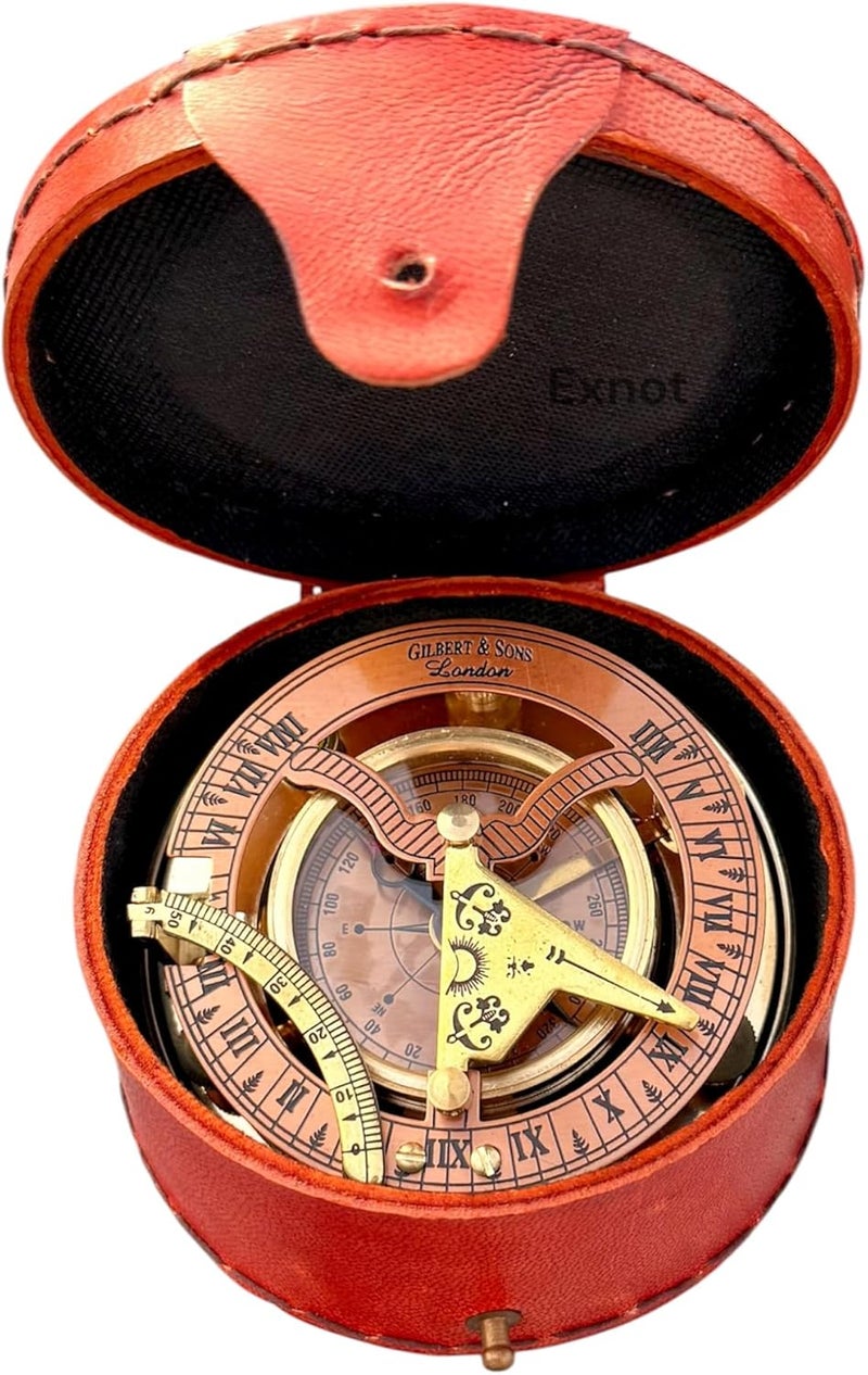 EXNOT Brass Sundial Compass with Copper Dial in Leather Box, Vintage Compass Copper Sundial Gift Sun Clock Ship Replica Watch. - Image 1