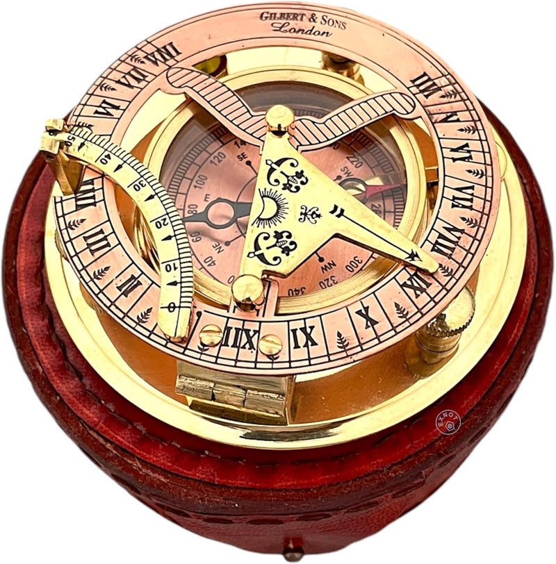 EXNOT Brass Sundial Compass with Copper Dial in Leather Box, Vintage Compass Copper Sundial Gift Sun Clock Ship Replica Watch. - Image 2