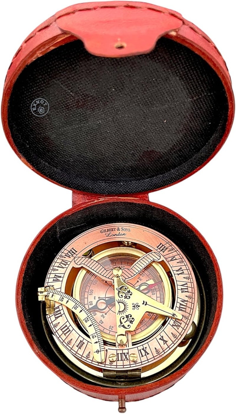 EXNOT Brass Sundial Compass with Copper Dial in Leather Box, Vintage Compass Copper Sundial Gift Sun Clock Ship Replica Watch. - Image 5
