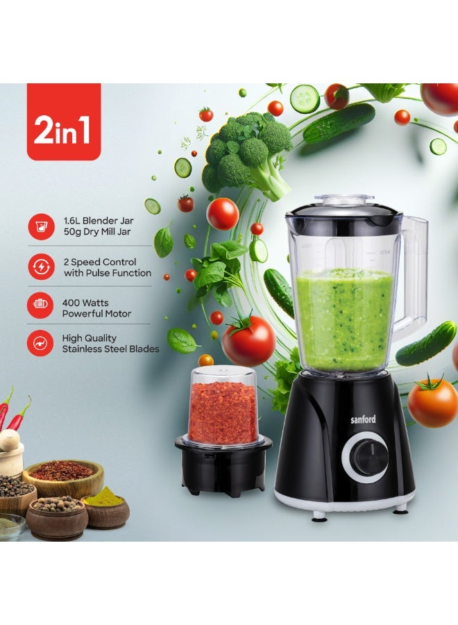 Sanford 2-in-1 Blender & Grinder, 400W Powerful Motor, 1.6L Blender Jar, 50g Dry Mill, Food-Grade Blades, Overheat Protection 1.6 L 400 W SF6817BR BS Black - Image 3
