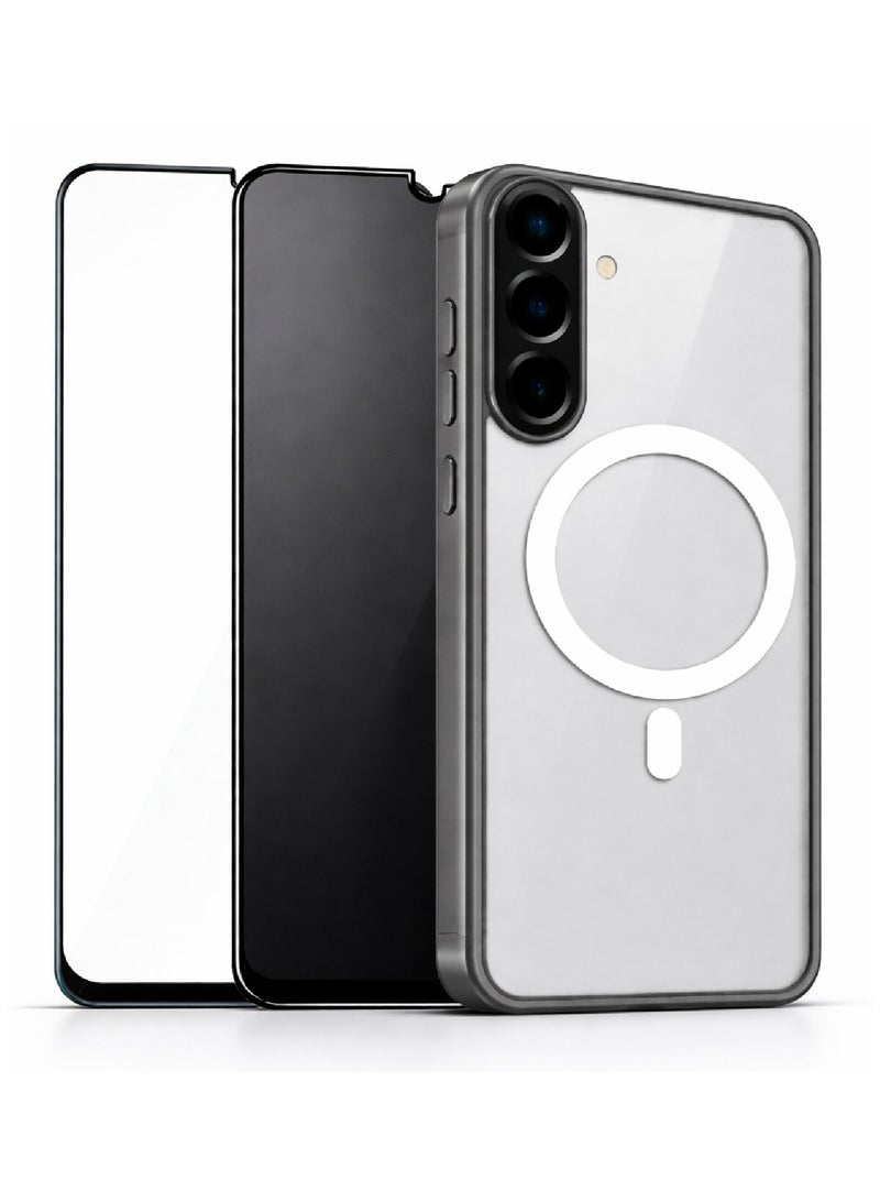 م ة ب م جراب سامسونج جالاكسي A56 مغناطيسي شفاف بحلقة رمادية مع واقي شاشة للخصوصية وزجاج مقوى، عبوة من 3 قطع - Image 1