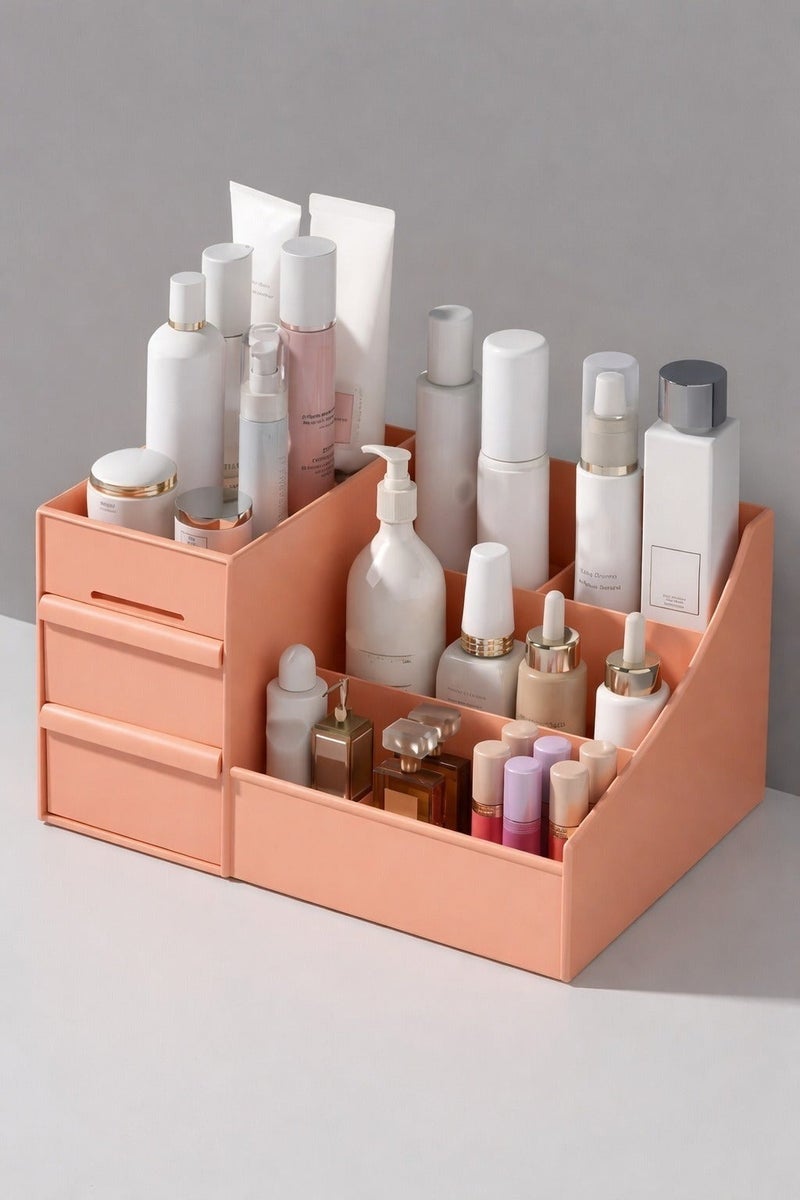 O2. Pink Cosmetic Storage Box – PP Material Multi-Compartment Makeup Organizer with Drawers - Image 3