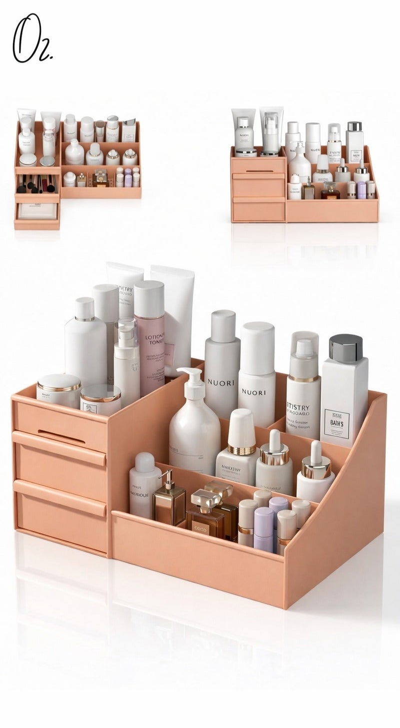 O2. Pink Cosmetic Storage Box – PP Material Multi-Compartment Makeup Organizer with Drawers - Image 1