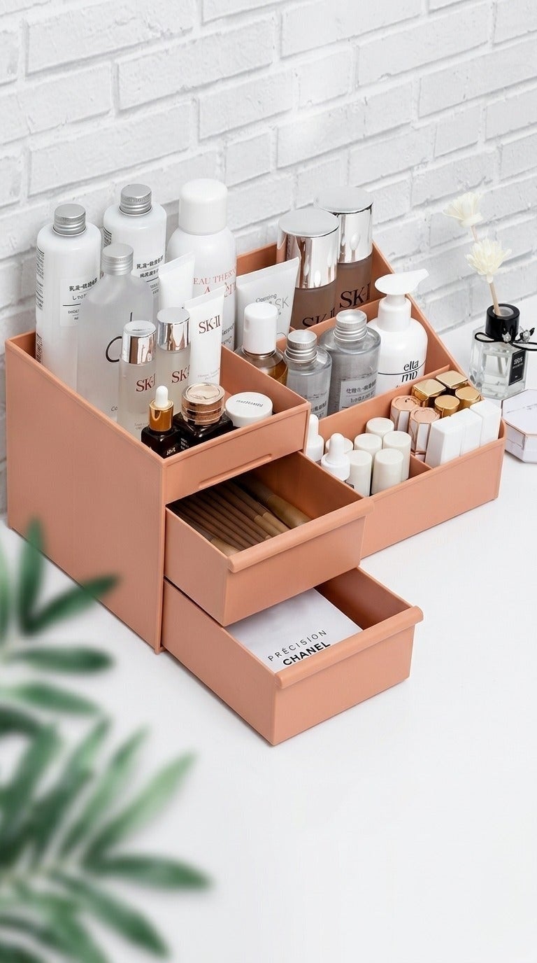 O2. Makeup Organizer with 2 Drawers and 7 Compartments, PP Cosmetic Storage Box for Skincare, Perfume, Lipstick, Jewelry and Stationery, Vanity Countertop Organizer - Image 5