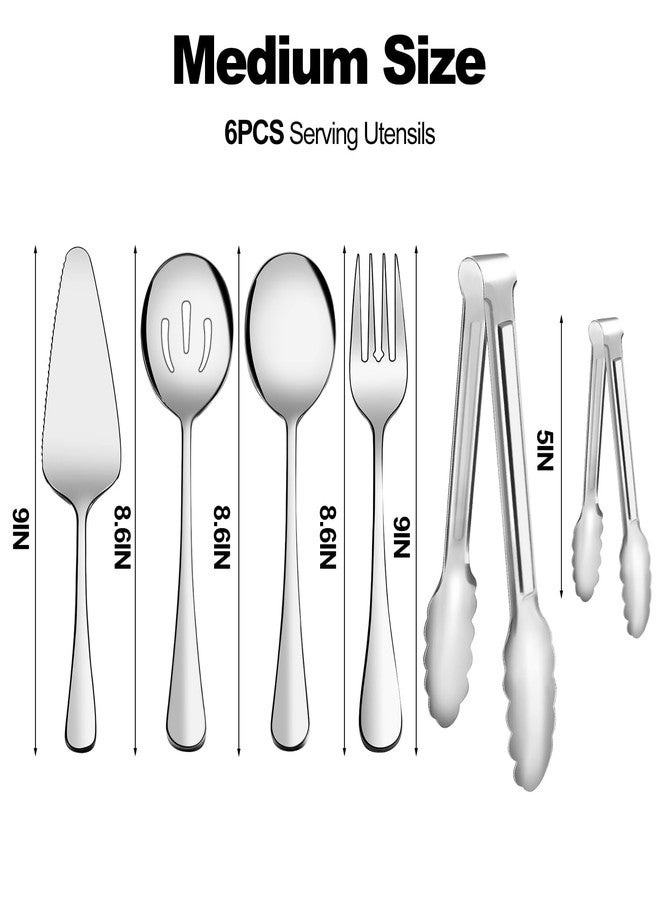 XEVOM Serving Utensils, 6-Piece Stainless Steel Serving Utensil Set Include Serving Spoon, Slotted Serving Spoon, Serving Fork,Serving Tong, Appetizers Tong,Pie Server (Silver) - Image 2