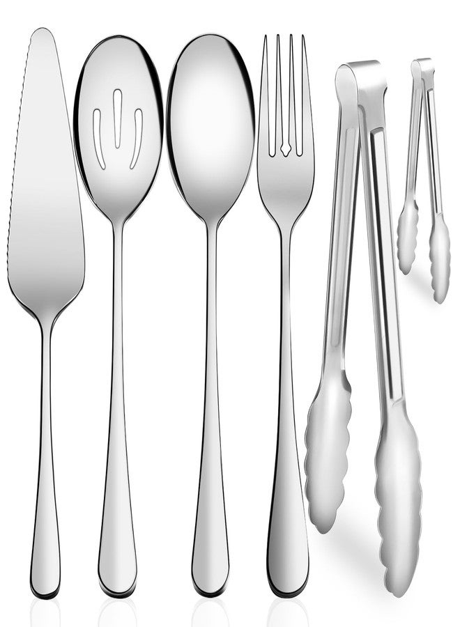 XEVOM Serving Utensils, 6-Piece Stainless Steel Serving Utensil Set Include Serving Spoon, Slotted Serving Spoon, Serving Fork,Serving Tong, Appetizers Tong,Pie Server (Silver) - Image 1