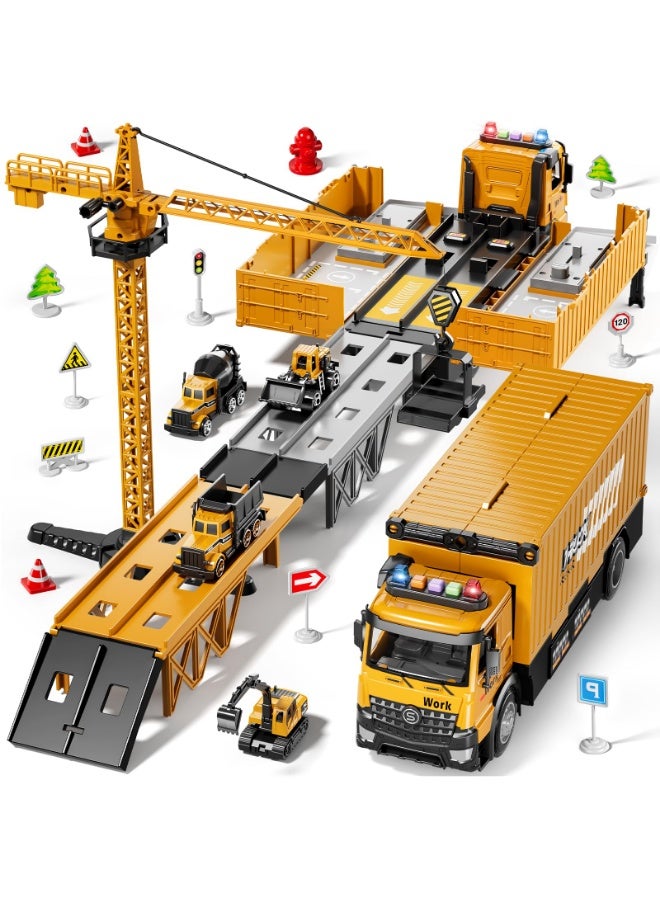 WangPangZi 3-in-1 Construction Truck Race Track Set with Tower Crane, Light & Sound – Toy Transport Carrier with Excavator, Bulldozer, Cement Mixer – Gifts for Kids Ages 3-7 Boys & Girls - Image 1