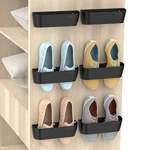 Yocice Wall Mounted Shoes Rack 6Pack with Sticky Hanging Strips, Plastic Shoes Holder Storage Organizer,Door Shoe Hangers (SM03-Black-6) - Image 1