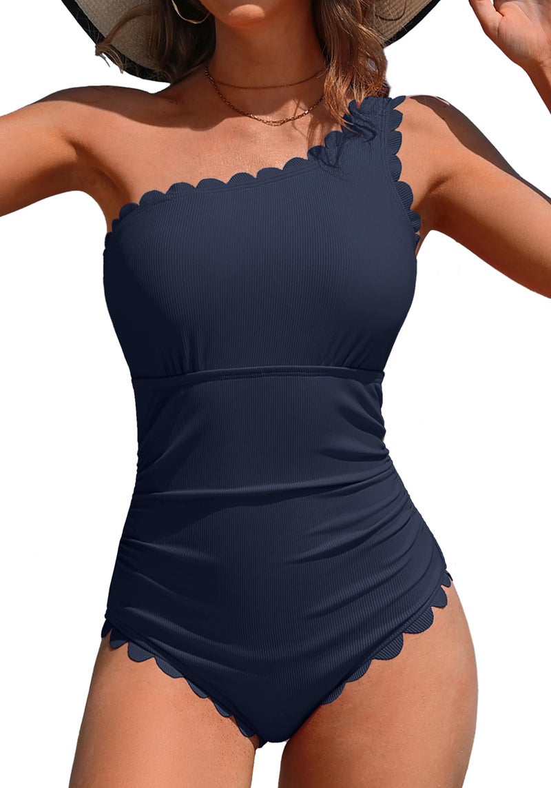 Charmo Womens One Piece Swimsuits Scalloped One Shoulder Bathing Suit for Women Tummy Control Ribbed Swim Suit Navy XL - Image 1