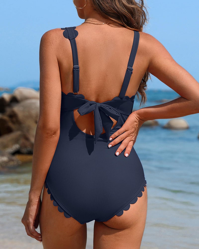 Charmo Womens One Piece Swimsuits Scalloped One Shoulder Bathing Suit for Women Tummy Control Ribbed Swim Suit Navy XL - Image 3