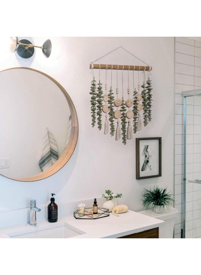 NANAO ديكور حمام بوهيمي زينة حائط من الأوكاليبتوس الاصطناعي أوراق خضراء مزيفة نباتات كرة منسوجة على عصا بطول 16.5 بوصة ديكورات ريفية طبيعية لغرفة النوم والمطبخ والحضانة والمكتب - Image 3