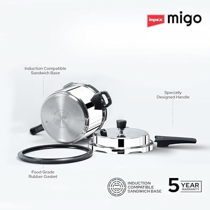 Impex Migo 5L Stainless Steel Pressure Cooker  Outer Lid Design  Induction Base  Safe  Durable Cookware For Gas  Induction Stoves  Ifc 5Ss - Image 3