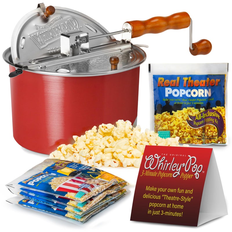 Wabash Valley Farms Original Whirley Pop Popcorn Maker  6 Quart Stovetop Popcorn Popper With Five Popping Kits Aluminum Popcorn Pot With Nylon Gears Wabash Valley Farms Stove Top Popcorn Maker Popcorn Pan Red