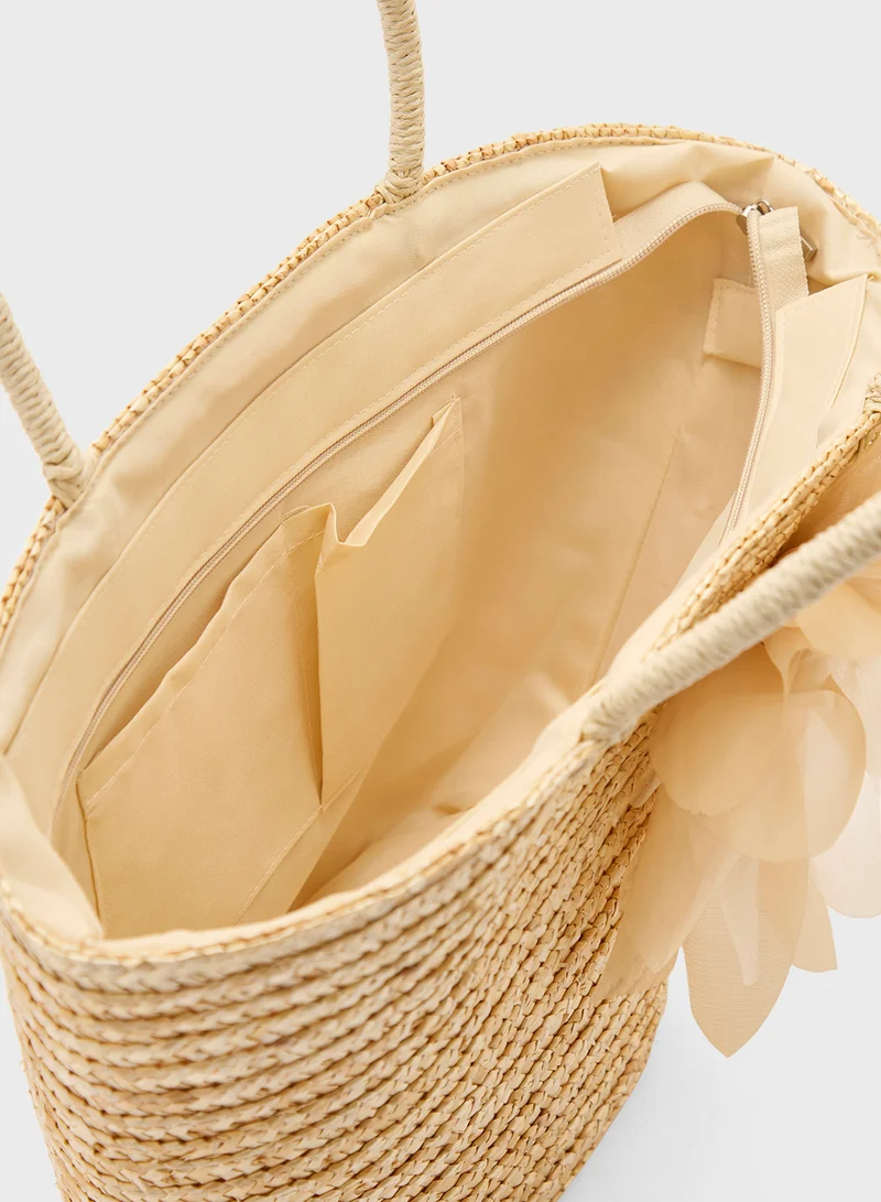 ايلا Oversized Floral Trim Raffia Tote Bag