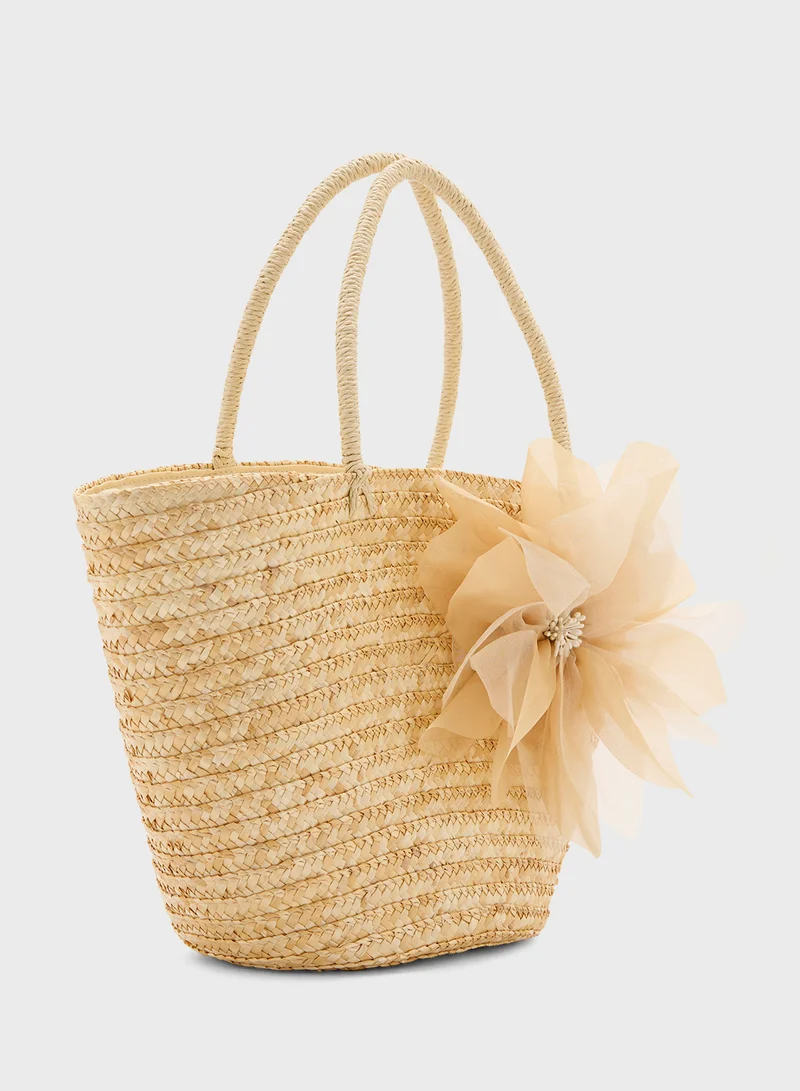 ايلا Oversized Floral Trim Raffia Tote Bag