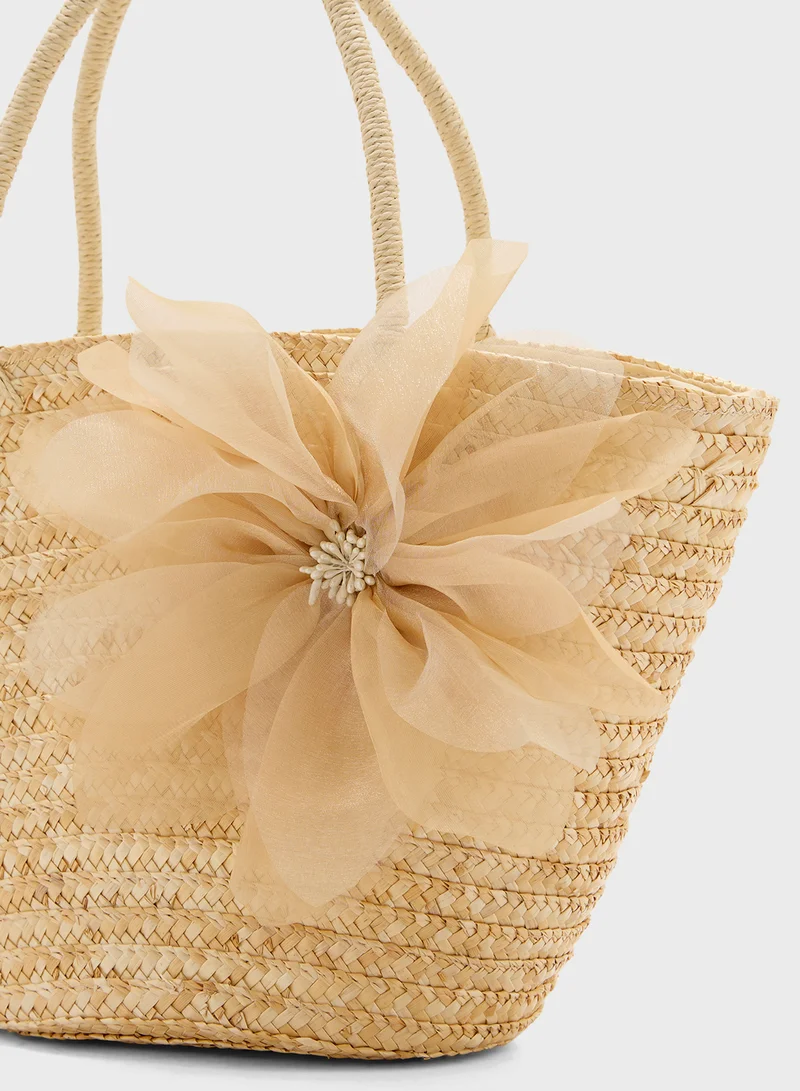 ايلا Oversized Floral Trim Raffia Tote Bag