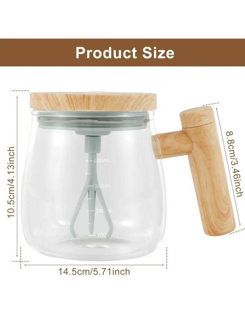 eBasket Self Stirring Mug Electric Coffee Mug 400ml Automatic Mixing Mug High Quality Glass with Handle and Wood Color Lid Mixing Mug for Coffee Milk Cocoa Tea Juice  - Image 2
