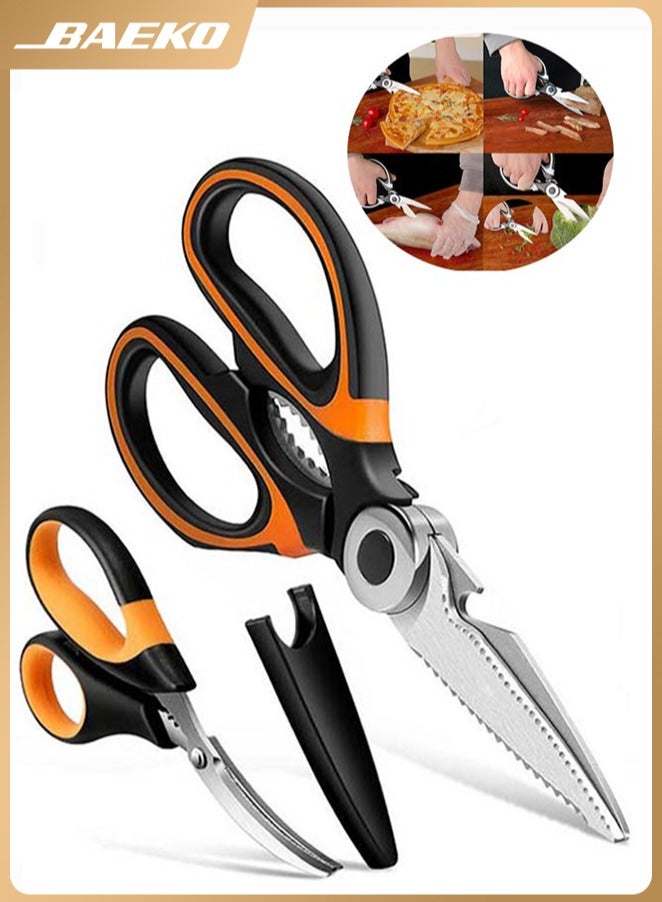 BAEKO 2 Pack Heavy Duty Kitchen Scissors, Multifunctional Kitchen Shears with Sharp Stainless Steel Blades and Blade Cover Cooking Scissors for Meat, Chicken, Fish, Herbs and Vegetables - Image 1