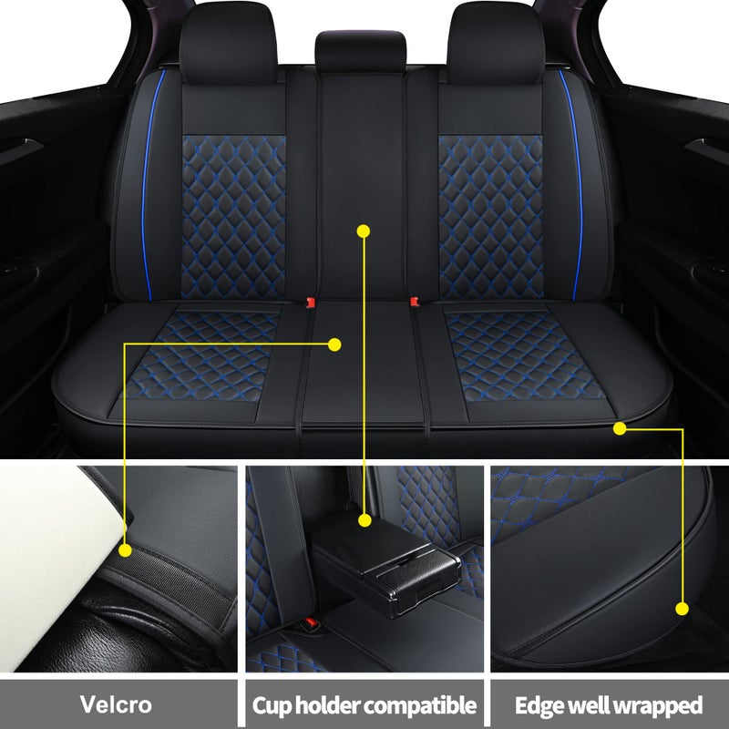 Vankerful Leather Car Seat Covers Full Set,Universal Fit for Most Cars,SUV,Sedans and Pick-up Trucks,Automotive Vehicle Faux Leather Cushion Covers for 5 Passenger Cars(Full Set,Black/Blue) - Image 3