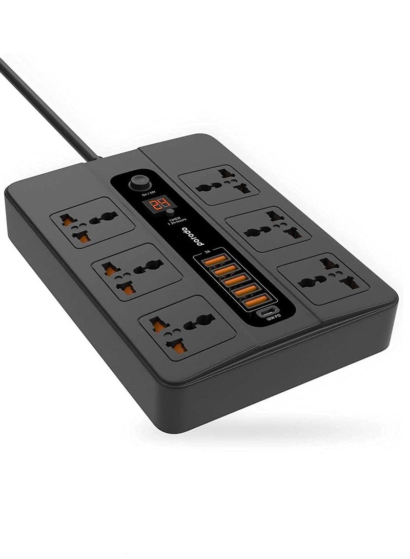 Universal Power Socket, 6 AC Output 5 USB Port & USB-C PD 18W Multiport Socket, Power HUB Built-in Timer, Fire-Proof Material Power Strip, 200cm Extension Cord, Charging Station (Black)  - Image 1