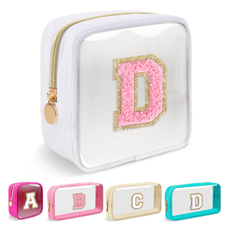 Iqimott Mini Clear Personalized Initial Makeup BagNylon Preppy AZ Chenille Letter Patch Zipper Cosmetic Bag Small Cute Beach Pouch Travel Purse Sanitary Napkin Storage Bag for Women GirlsWhitePink D - Image 2