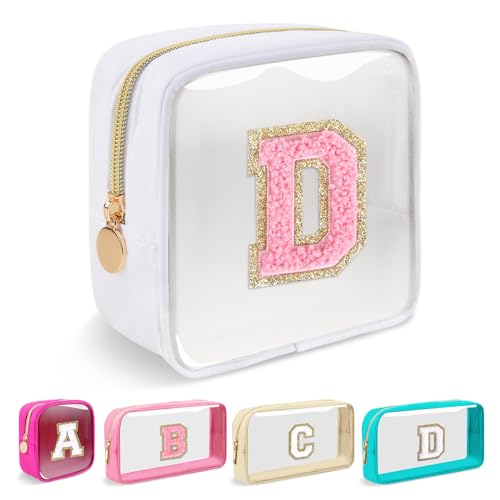 Iqimott Mini Clear Personalized Initial Makeup BagNylon Preppy AZ Chenille Letter Patch Zipper Cosmetic Bag Small Cute Beach Pouch Travel Purse Sanitary Napkin Storage Bag for Women GirlsWhitePink D - Image 1