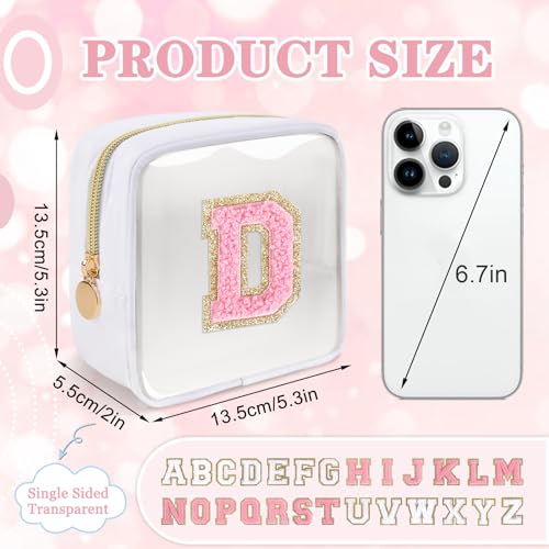 Iqimott Mini Clear Personalized Initial Makeup BagNylon Preppy AZ Chenille Letter Patch Zipper Cosmetic Bag Small Cute Beach Pouch Travel Purse Sanitary Napkin Storage Bag for Women GirlsWhitePink D - Image 3