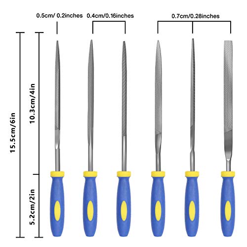 KALIM Needle File Set, Carbon Steel 6 Piece Set(6-1/4'' Total Length) Hardened Alloy Strength Steel - Set Includes Flat, Flat Warding, Square, Triangular, Round, and Half-Round File - Image 2