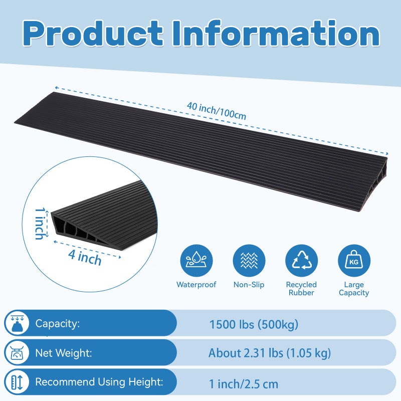 1 Rise Threshold Ramps for Doorways 40'' L Rubber Wheelchairs Ramps for Home Self-Adhesive, Door Transition Strip for Home (Black) - Image 2