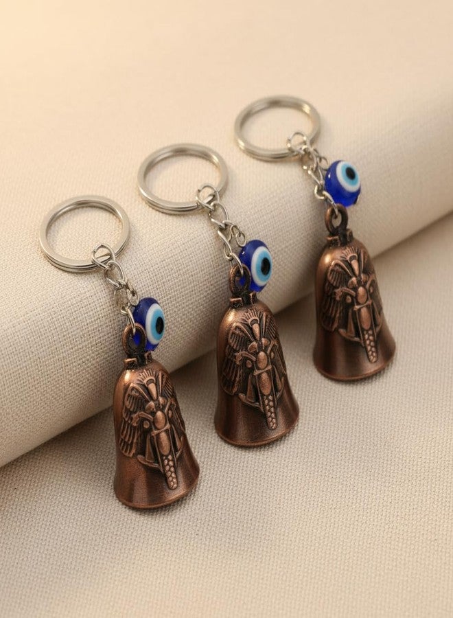 AEROSTARK Combo of 3 Bronze Bike Guardian Bell for Bike with Evil Eye Keychain | Motorcycle Safety Bells for Riders | Lucky Charm Key Ring for Bike Car Scooter | Antique Metal Biker Gift for Men - Image 3