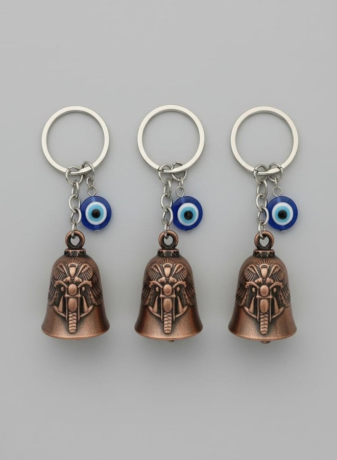 AEROSTARK Combo of 3 Bronze Bike Guardian Bell for Bike with Evil Eye Keychain | Motorcycle Safety Bells for Riders | Lucky Charm Key Ring for Bike Car Scooter | Antique Metal Biker Gift for Men - Image 2
