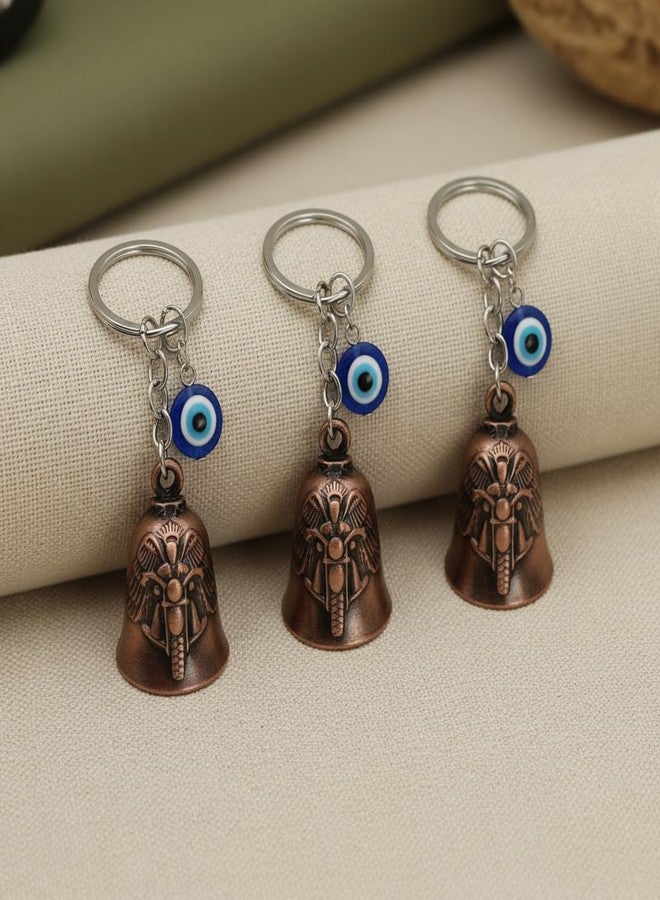 AEROSTARK Combo of 3 Bronze Bike Guardian Bell for Bike with Evil Eye Keychain | Motorcycle Safety Bells for Riders | Lucky Charm Key Ring for Bike Car Scooter | Antique Metal Biker Gift for Men - Image 1
