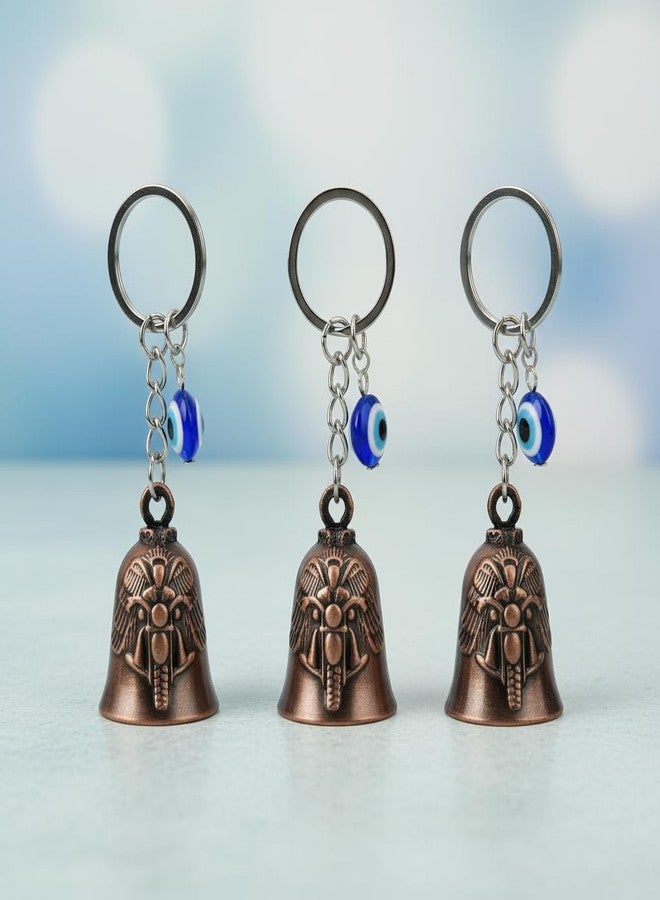 AEROSTARK Combo of 3 Bronze Bike Guardian Bell for Bike with Evil Eye Keychain | Motorcycle Safety Bells for Riders | Lucky Charm Key Ring for Bike Car Scooter | Antique Metal Biker Gift for Men - Image 5