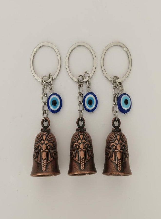 AEROSTARK Combo of 3 Bronze Bike Guardian Bell for Bike with Evil Eye Keychain | Motorcycle Safety Bells for Riders | Lucky Charm Key Ring for Bike Car Scooter | Antique Metal Biker Gift for Men - Image 4