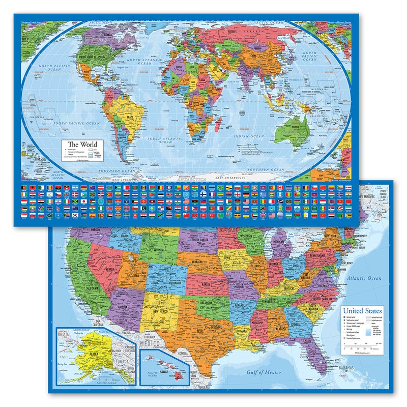 Palace Learning 2 Pack - Laminated World Map Poster & USA Map Set - Equal Earth world map design shows continents at true relative size - US Map 18” x 29” - Image 1