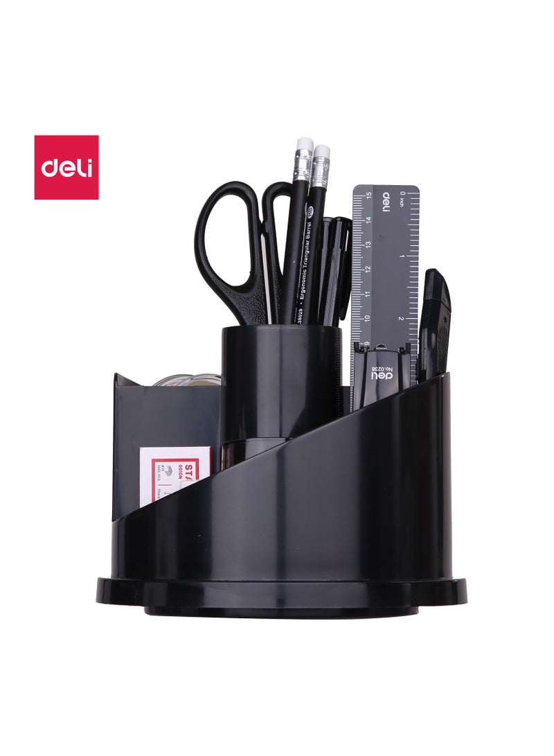 Deli E38251A Rotary Desk Organizer, φ153×145mm, Black, Durable HIPS Material, 7 Compartments, Rotary Base - Image 1