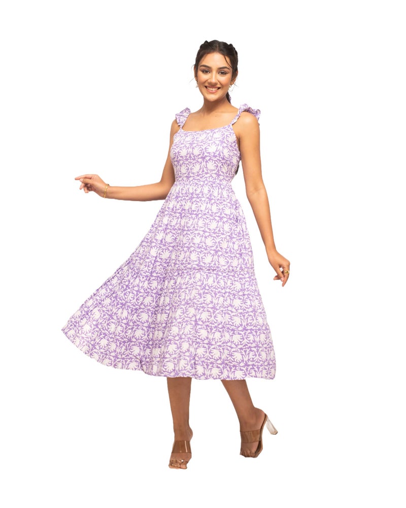 FIORRA Women's Lavender Cotton Floral Printed Dress DR0005 - Image 1