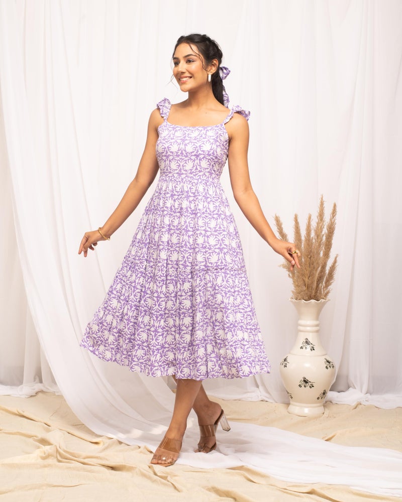 FIORRA Women's Lavender Cotton Floral Printed Dress DR0005 - Image 3