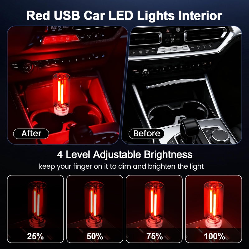 Kairiyard 2 PCS Red USB Car LED Lights Interior, Touch Control Adjustable Brightness Plug-in Retro Portable Glass Bottle Ambient Night Lights for Car, Computers, Party, Holiday Decoration, Bedroom - Image 3