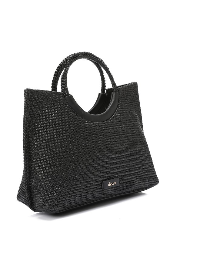DejaVu Raffia Effect Practical Handbag - Black  - Image 1