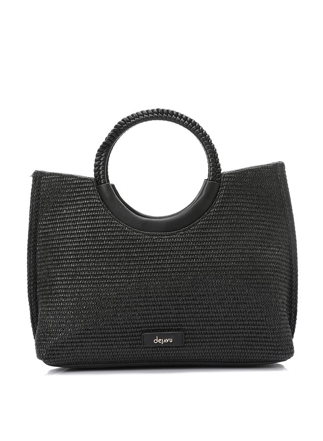 DejaVu Raffia Effect Practical Handbag - Black  - Image 5