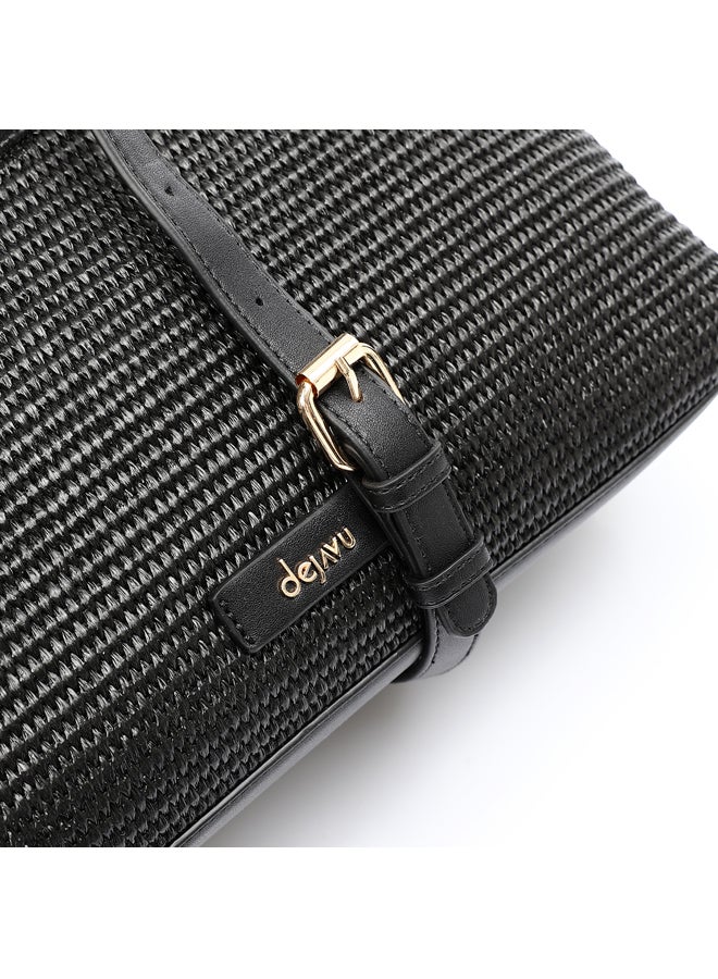 DejaVu Raffia Effect Practical Handbag - Black  - Image 4
