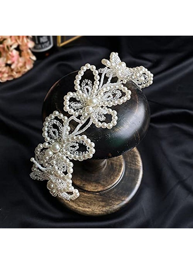 Sunshinesmile Bride - Pearl Butterfly Bridal Headpiece Wedding Headband For Brides Pearl Hair Vine Rhinestone Hair Accessories For Women - Image 1