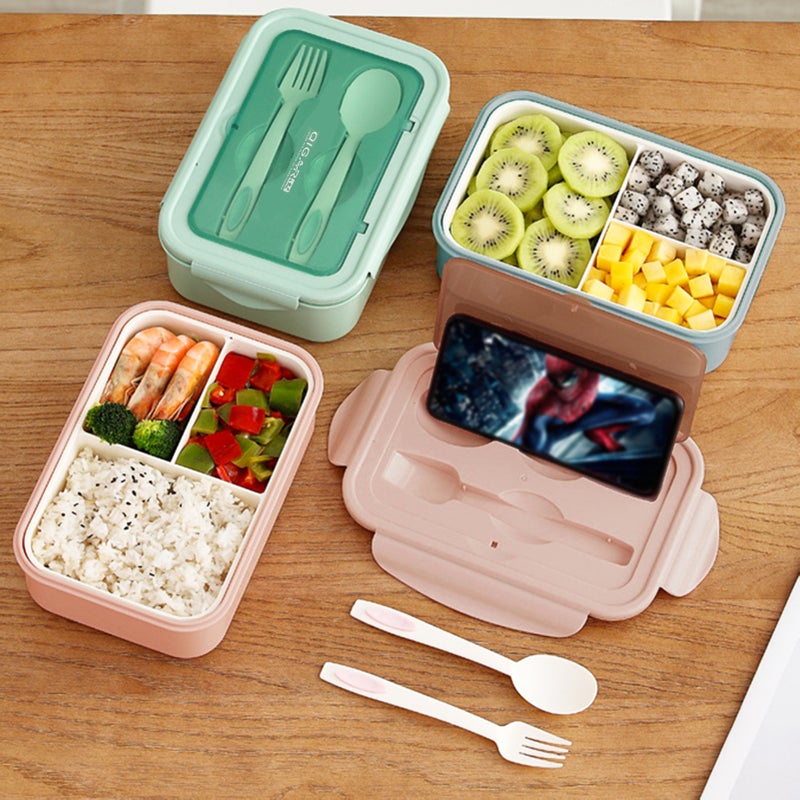 1400ML Plastic Lunch Box With and Spoon 3 Compartment Single-layer Leakproof Reusable Crisper Portable Sealed Bento Box for Adults Kids Home School Office Outdoor - Image 4