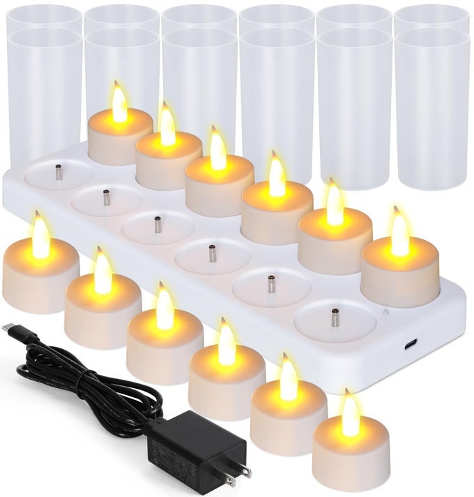 RECHARGEABLE CANDLES FLAMELESS FLICKERING CANDLES TEALIGHTS 12PCSSET WITH WHITE BASE DECORATION PARTIES WEDDINGS BAR FAMILY DINNER OUTDOOR PICNIC