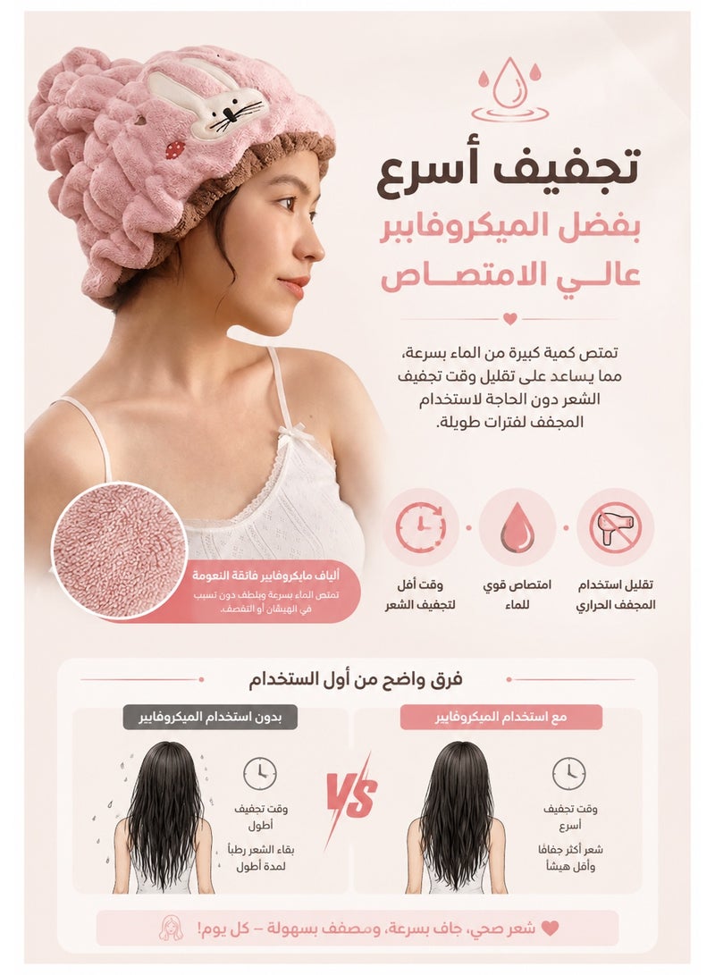 Cute Bunny Microfiber Hair Drying Cap 32 × 24 cm – Ultra Absorbent Soft Hair Towel Wrap 100g, Quick Dry Hair Turban for Long, Short & Curly Hair, Reduces Frizz, Ideal for Bath, Spa, Travel & Daily Hair Care - Image 2