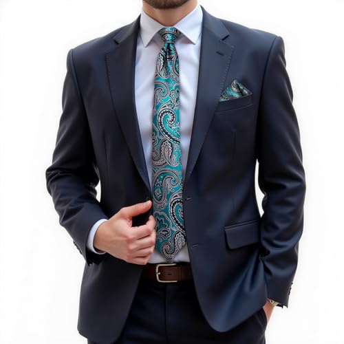 DiBanGu Mens Tie Set Silk Solid Paisley Necktie and Pocket Square Cufflinks Classic Formal Ties for Men Wedding Party, Turquoise - Image 2