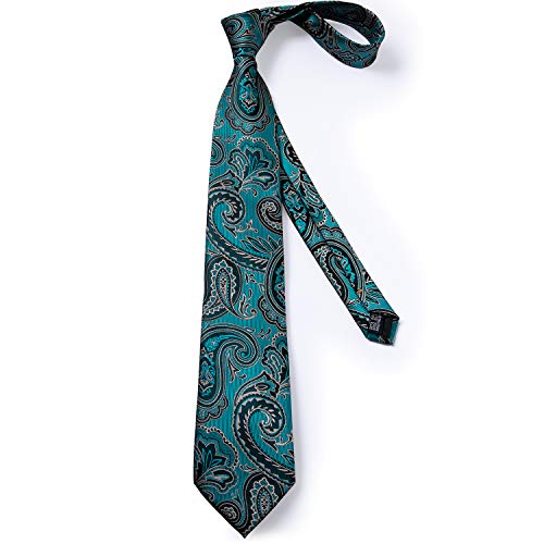 DiBanGu Mens Tie Set Silk Solid Paisley Necktie and Pocket Square Cufflinks Classic Formal Ties for Men Wedding Party, Turquoise - Image 5