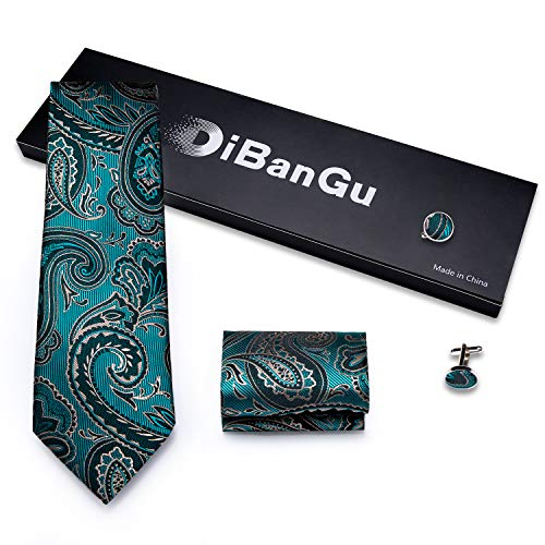 DiBanGu Mens Tie Set Silk Solid Paisley Necktie and Pocket Square Cufflinks Classic Formal Ties for Men Wedding Party, Turquoise - Image 4