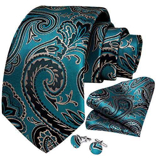DiBanGu Mens Tie Set Silk Solid Paisley Necktie and Pocket Square Cufflinks Classic Formal Ties for Men Wedding Party, Turquoise - Image 3